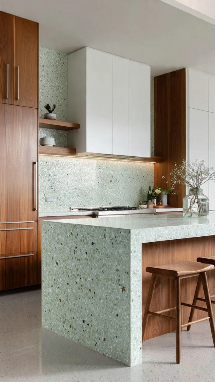 Cocina con isla y salpicadero en terrazo verde