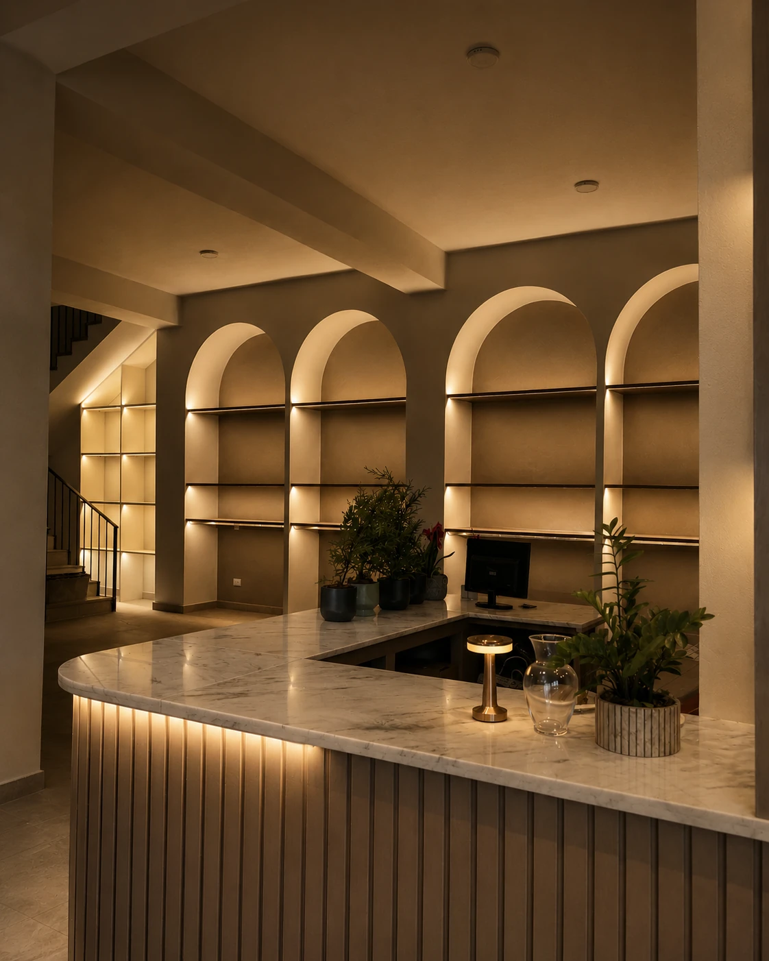 Mostrador de mármol frente a estanterías con arcos iluminados en Showroom Jardín Oriental