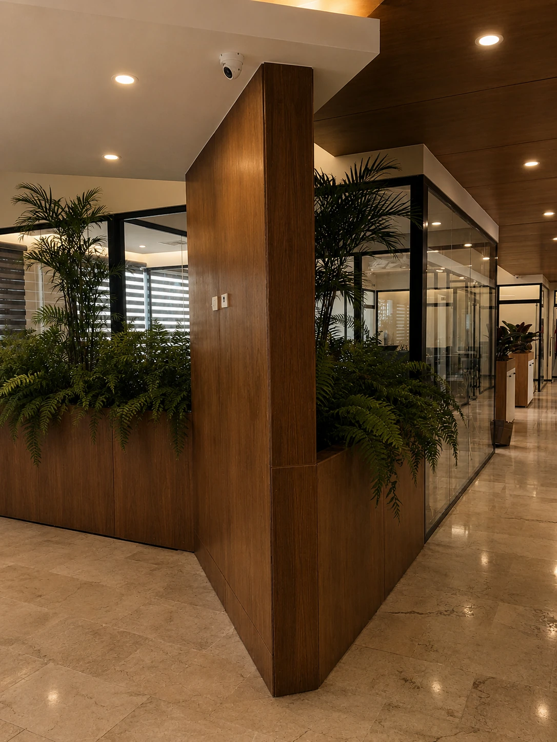 Corredor de oficinas con divisiones de vidrio y mármol pulido