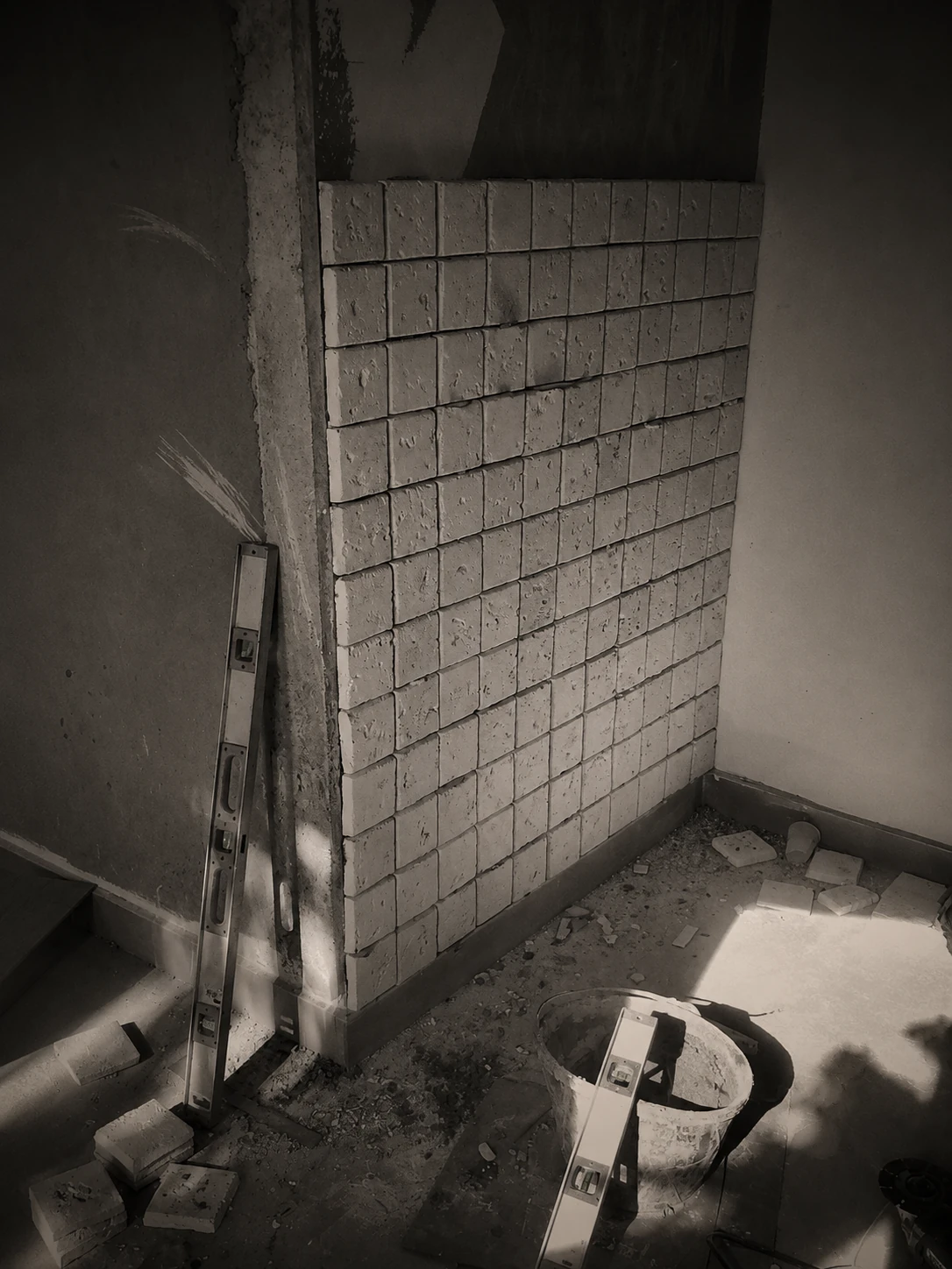 Muro de bloques de concreto en colocación con nivel