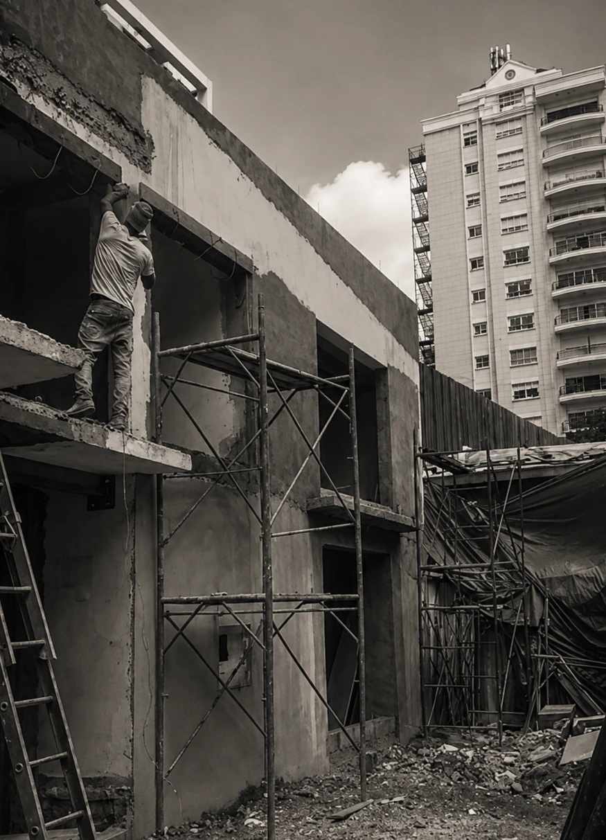 Obrero trabajando en andamios sobre fachada en obra gris