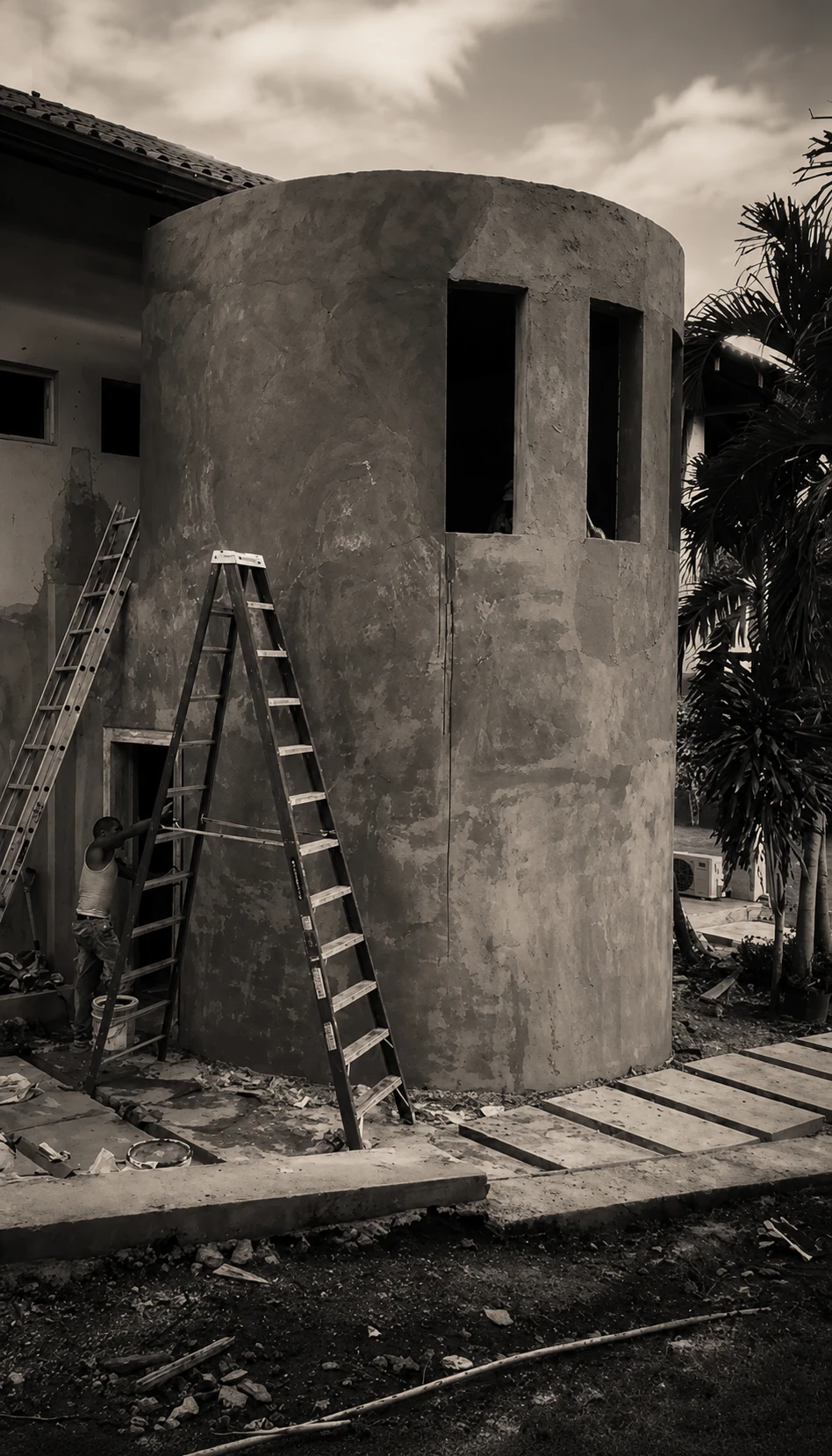 Torre cilíndrica en construcción con escaleras