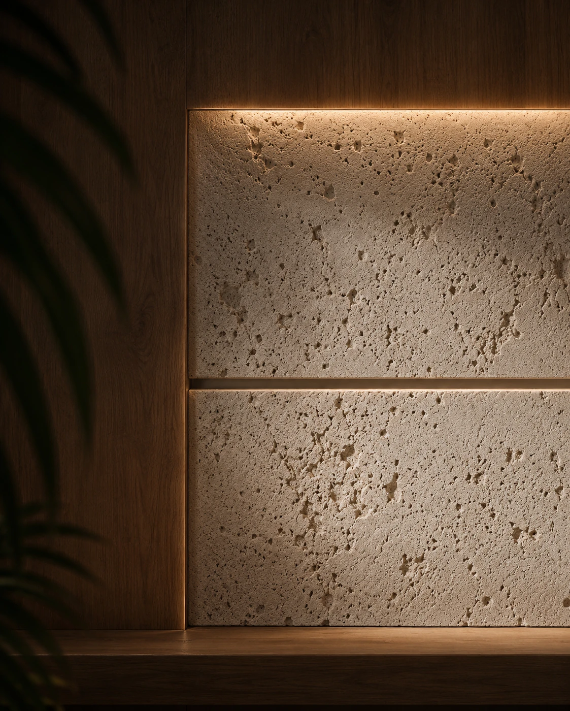 Panel de coralina retroiluminado entre listones de madera